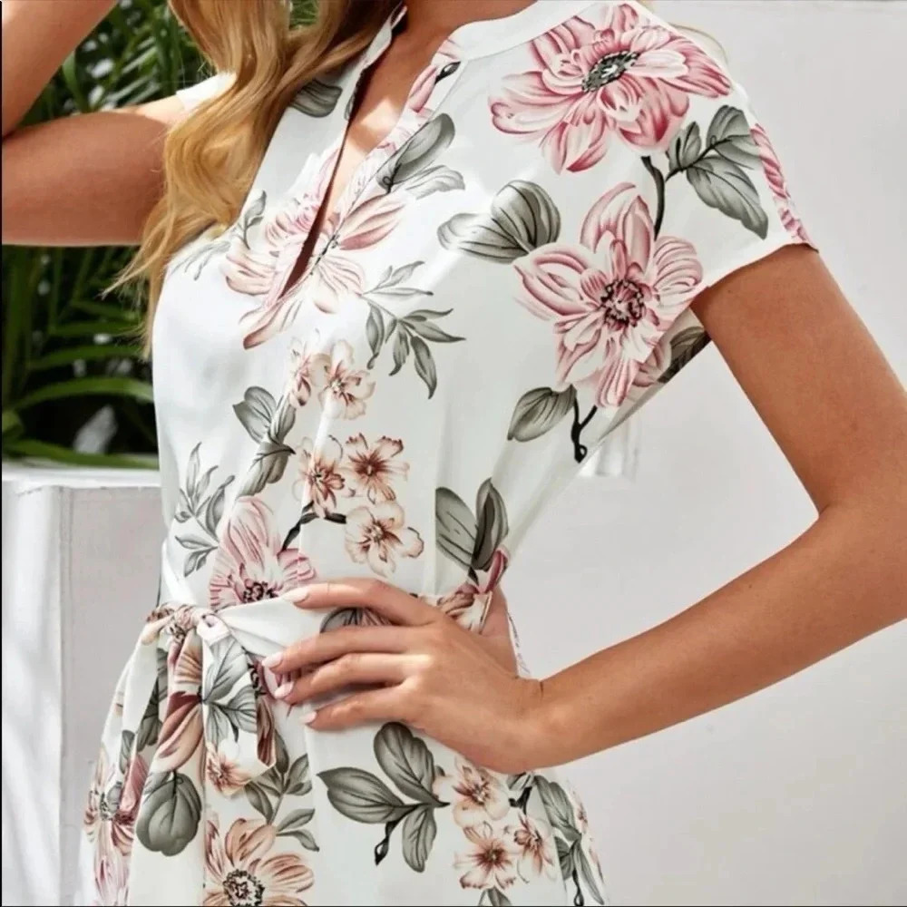 Boho Floral Print Mini Dress — Tie Waist Summer Dress | Sizes S, M, L - Picture 3 of 6